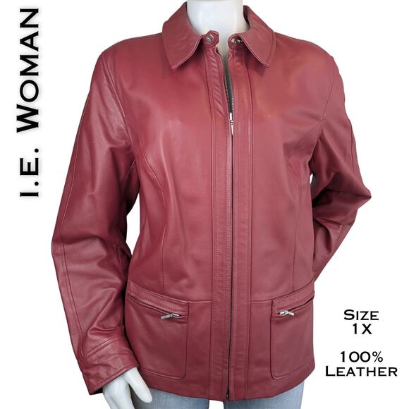I.E. Woman Leather Jacket 1X Red Zip Front Pockets Classic Timeless Outerwear - Picture 1 of 12